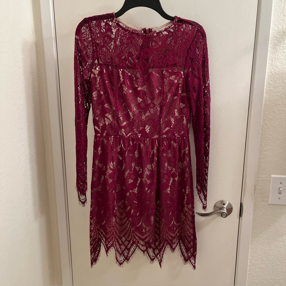 Love, Fire Womens Mini Dress Burgundy Lace Long Sleeve Size M